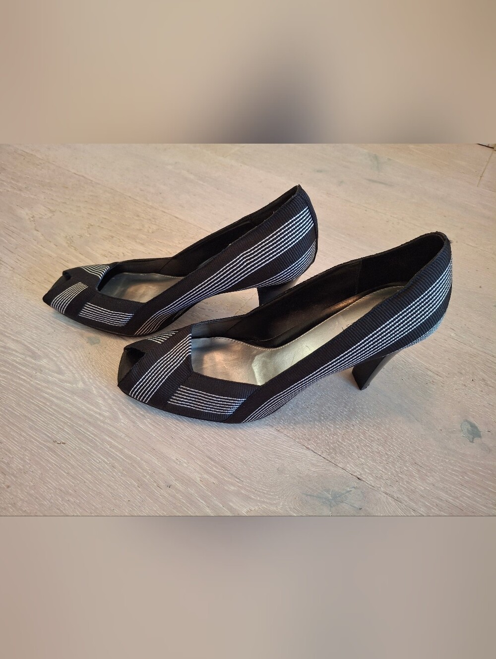 Nine West Black Peep-Toe Striped Heels
